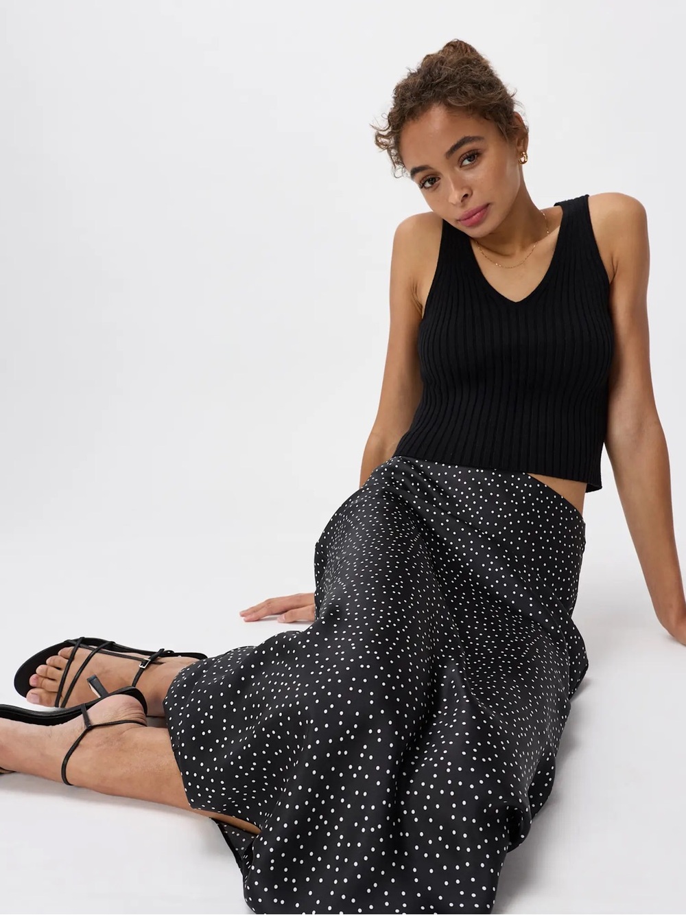 Quince 100% Washable Silk Maxi Skirt Tiny Dot Black White XS 0 2 Satin Polka